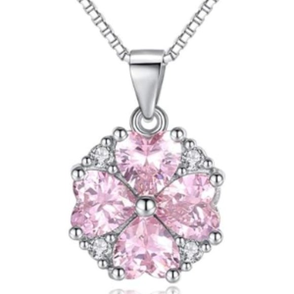 Pink Cubic Zirconia Hearts Pendant Necklace 925 Sterling Silver Fashion Jewelry - Picture 5 of 14